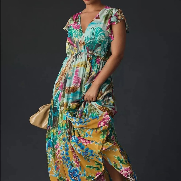 Anthropologie V-Neck Flutter-Sleeve Colorful Tropical Print Dress M - Picture 5 of 5